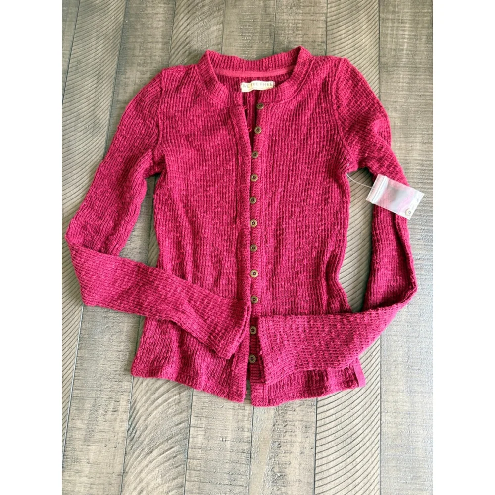 We The Free by Free People Textured Button Front Cardigan Top SM Berry Red